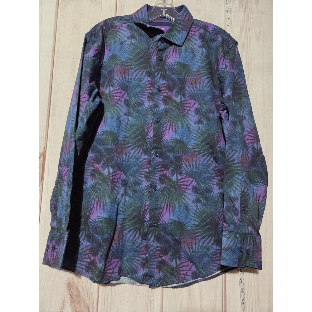 Tallia Shirt Mens Large 16.5 Tropical Palm Leaf Long Sleeve Button Down Casual